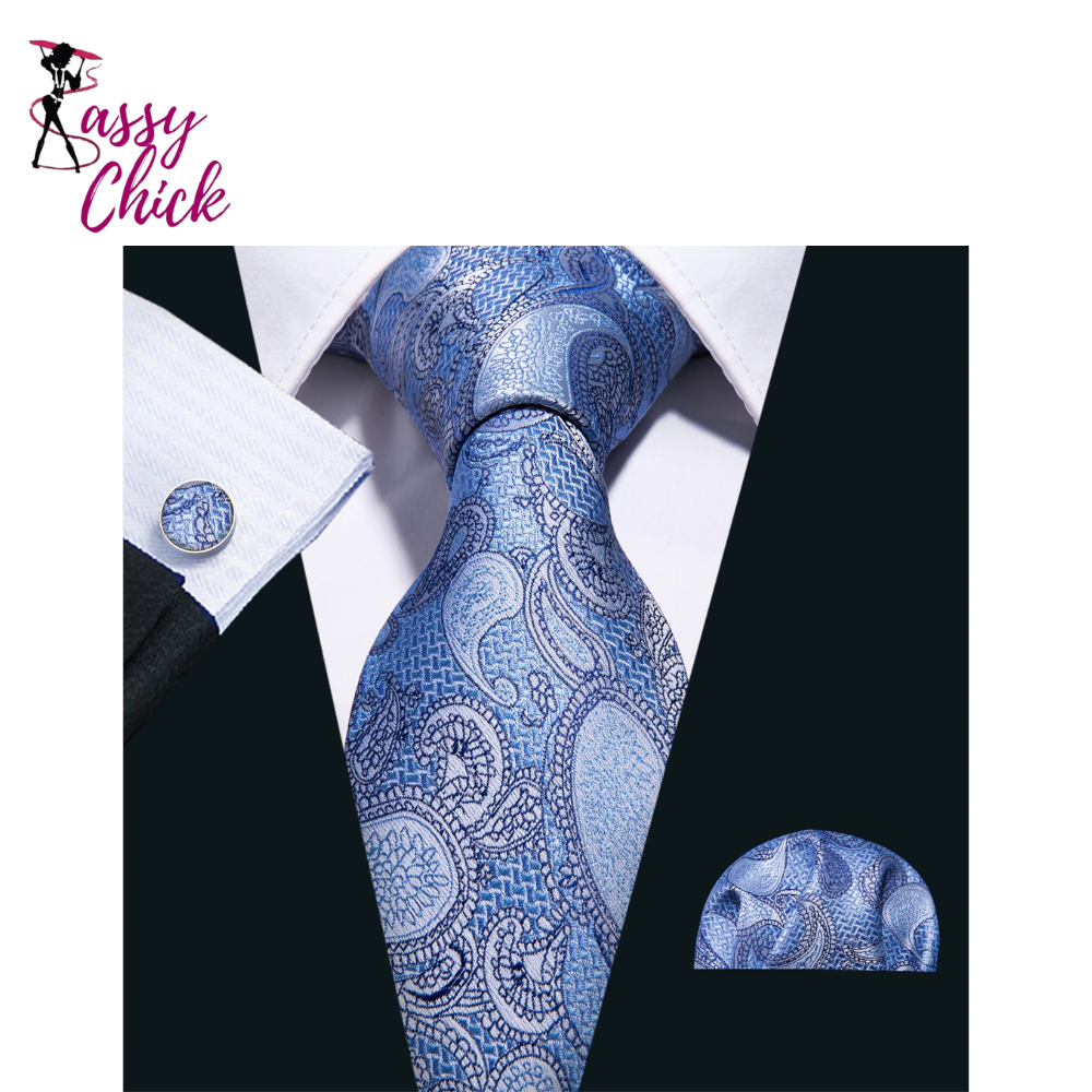 Sky Blue Hanky Cufflinks Set Jacquard Cyan Teal Sassy Chick Logo