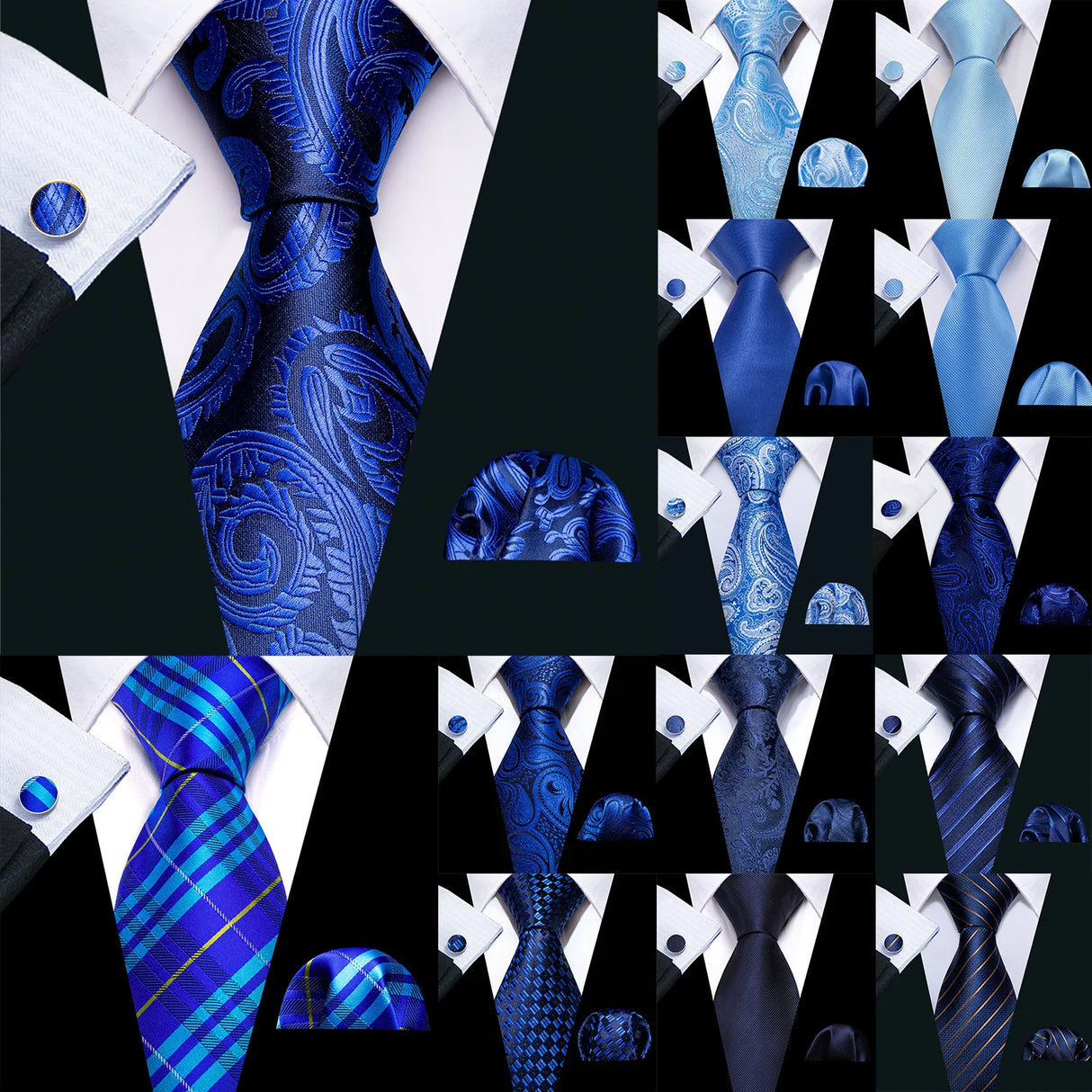 Collection of Sky Blue Hanky Cufflinks Set Jacquard Cyan Teal