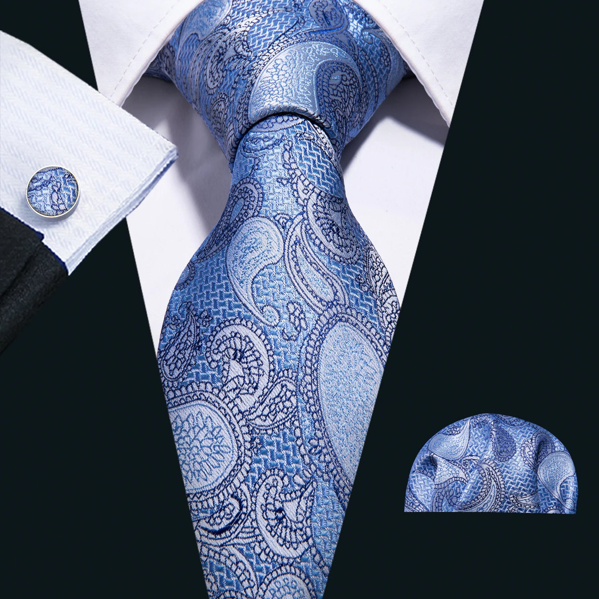 Sky Blue Hanky Cufflinks Set Jacquard Cyan Teal