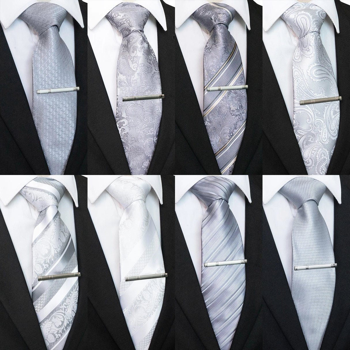 Collection of Sliver White Gray Hanky Cufflinks Tie clip Set 8cm Silk Neckties