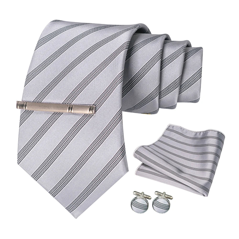 Sliver White Gray Hanky Cufflinks Tie clip Set 8cm Silk Neckties