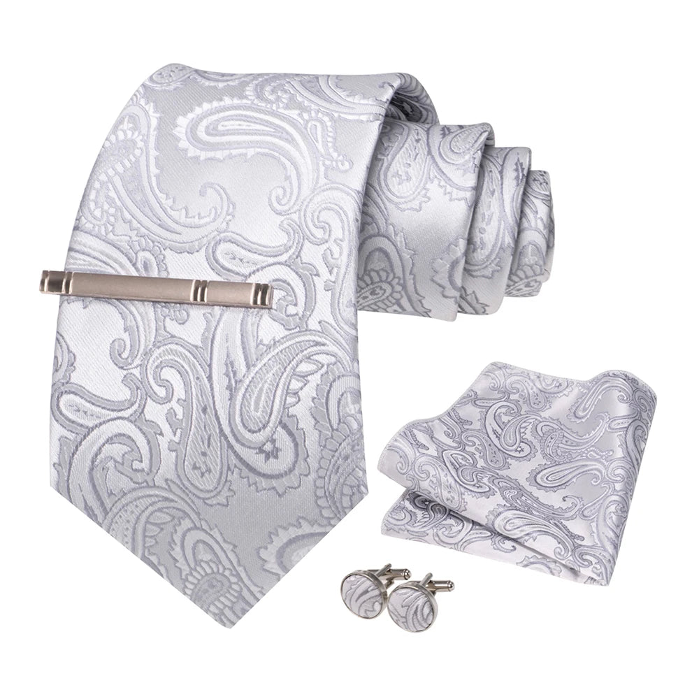Sliver White Gray Hanky Cufflinks Tie clip Set 8cm Silk Neckties