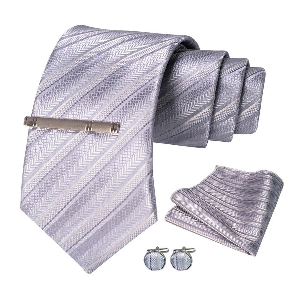 Sliver White Gray Hanky Cufflinks Tie clip Set 8cm Silk Neckties