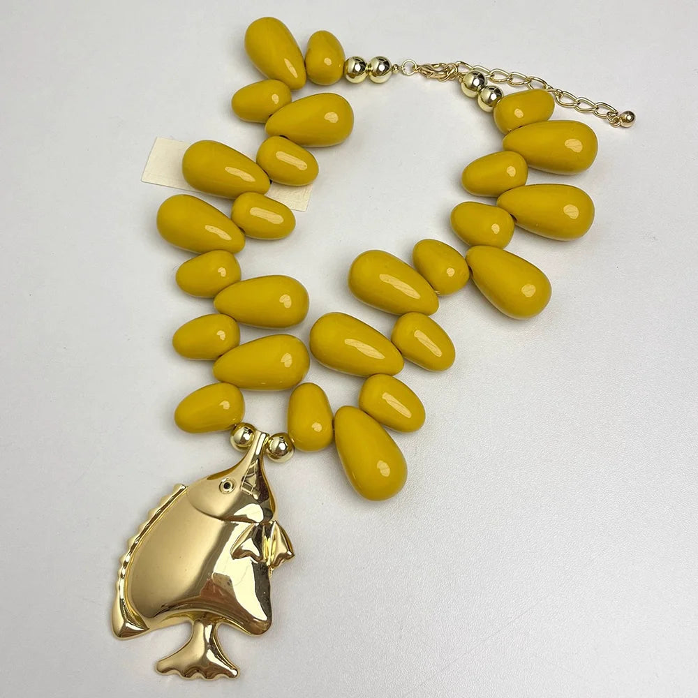 Yellow Small Fish Pendant Beaded Necklace