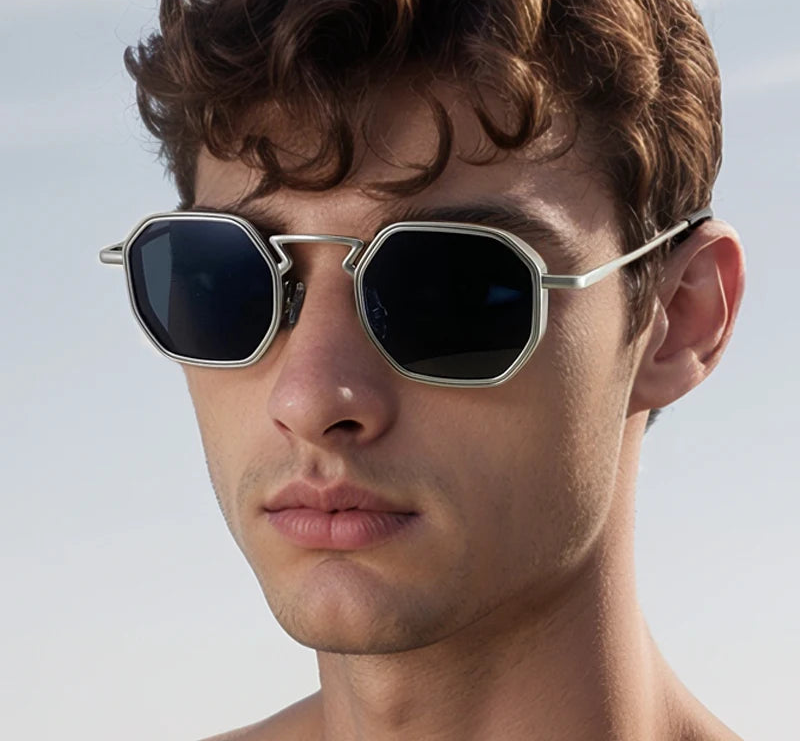 Model Using Small UV400 Polygon Metal Punk Sunglasses