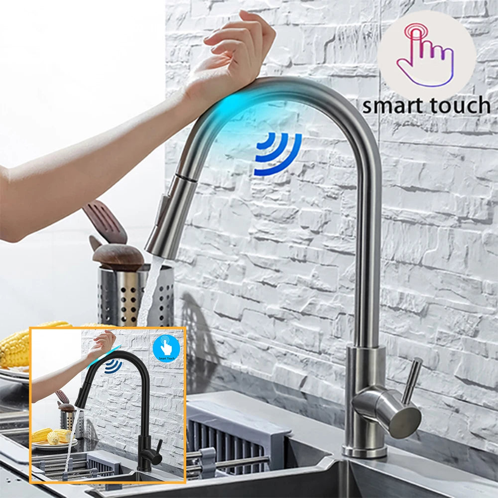 Brushed nickel pull-out kitchen faucet with smart sensor and touch control
