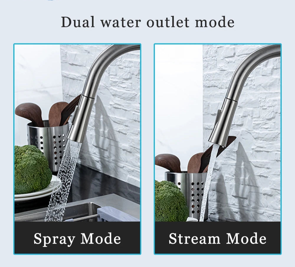 Brushed nickel pull-out kitchen faucet with smart sensor and touch control