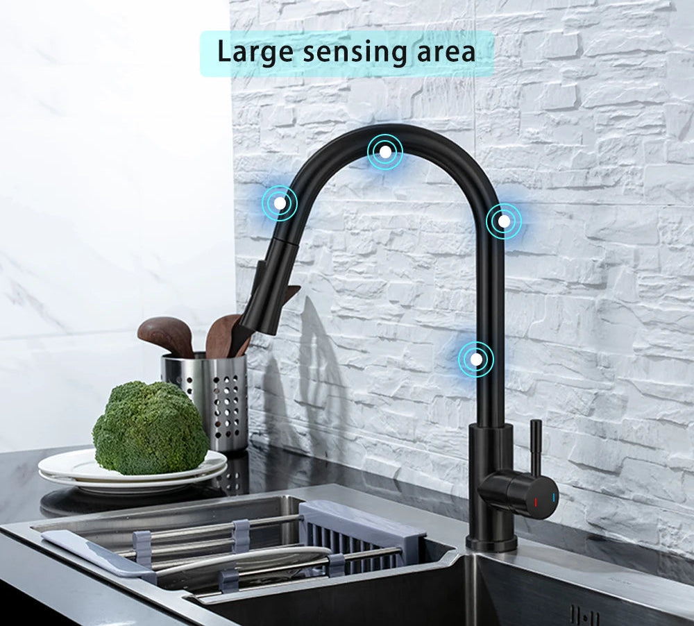 Brushed nickel pull-out kitchen faucet with smart sensor and touch control