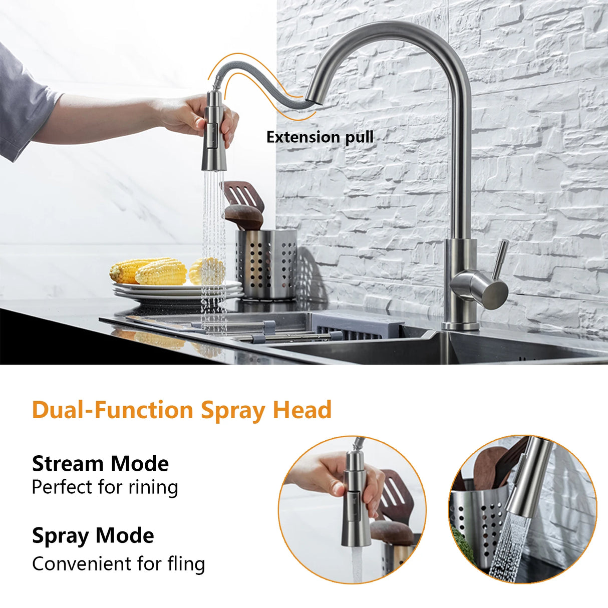 Brushed nickel pull-out kitchen faucet with smart sensor and touch control