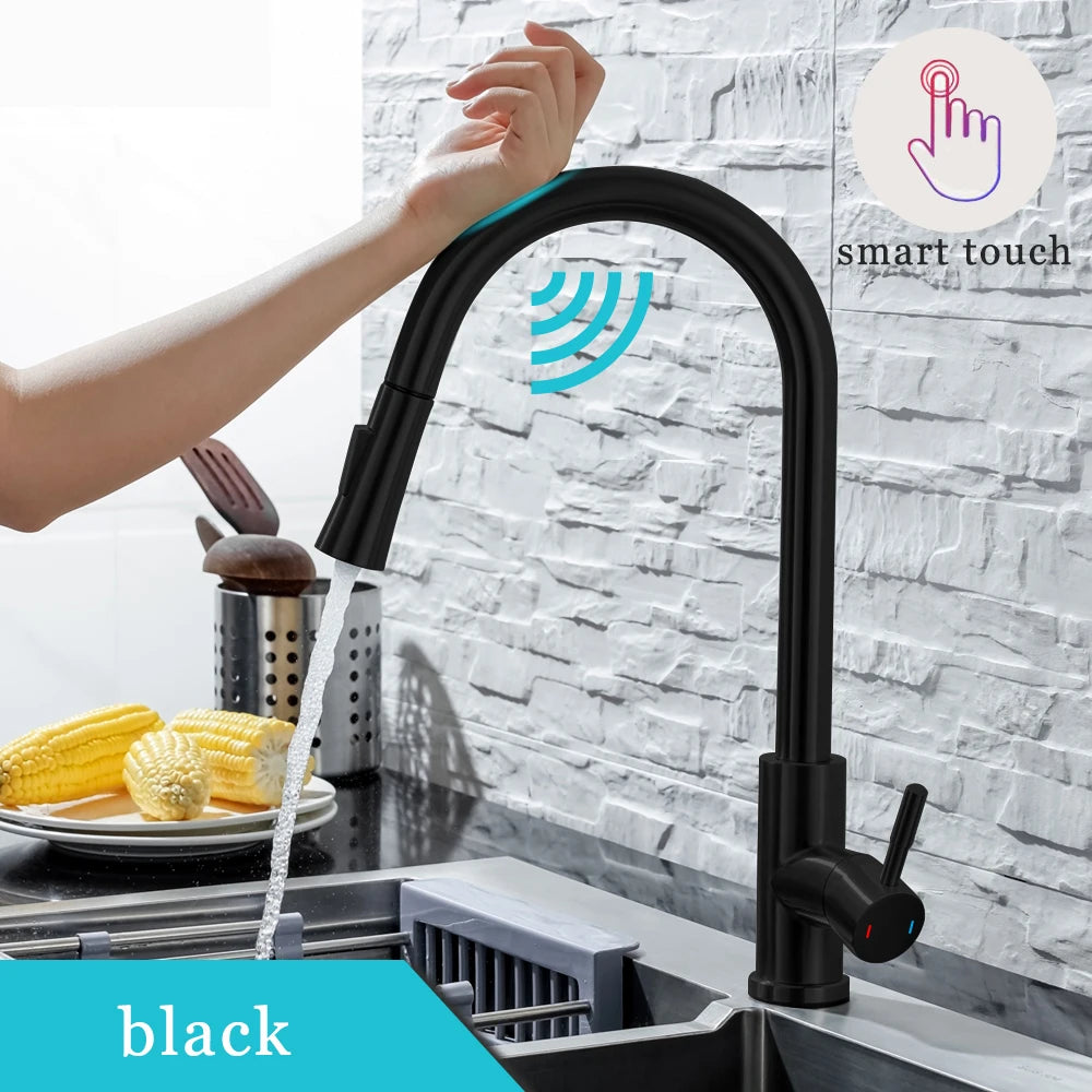 Brushed nickel pull-out kitchen faucet with smart sensor and touch control
