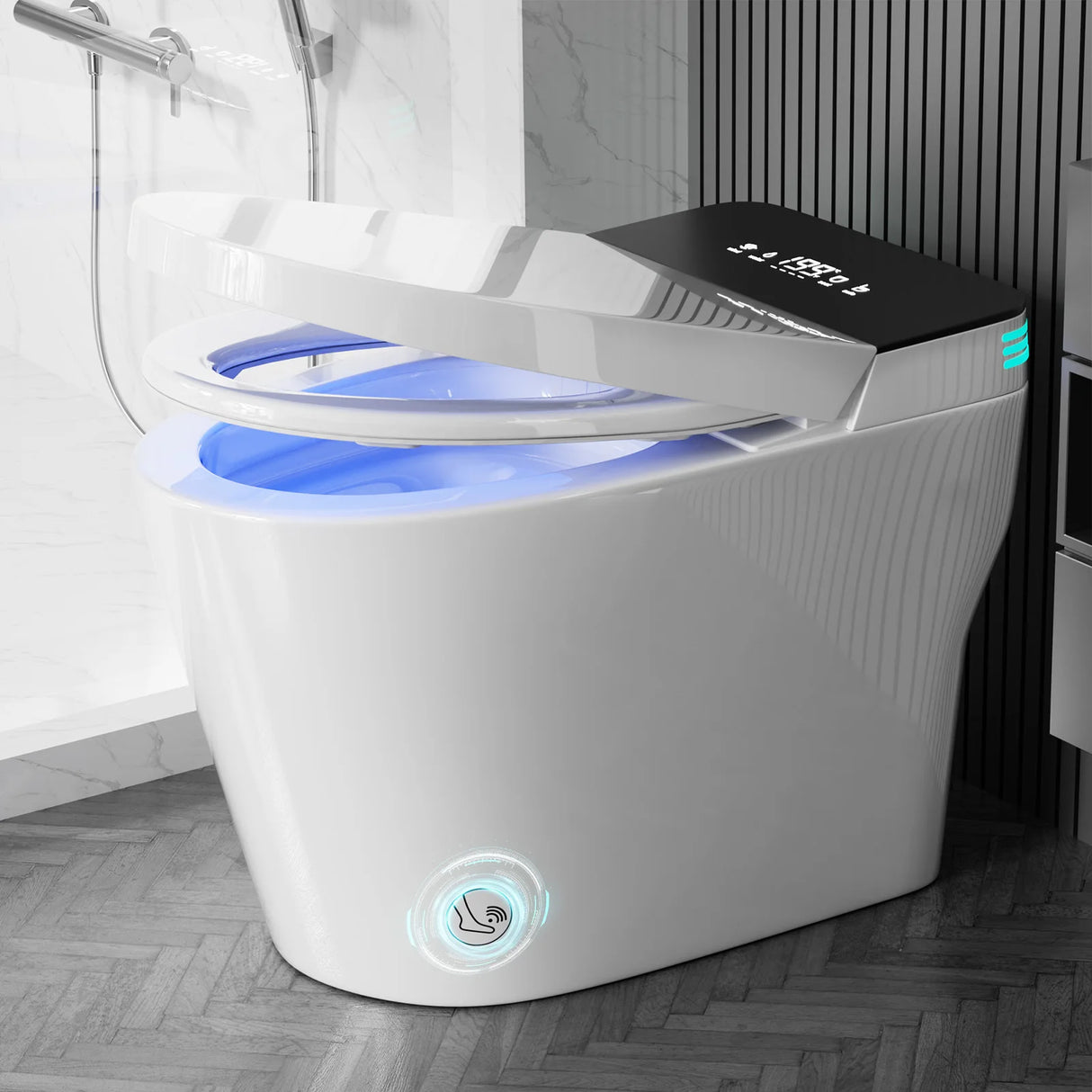 Smart toilet with built-in bidet, automatic lid, and heated seat in modern bathroom