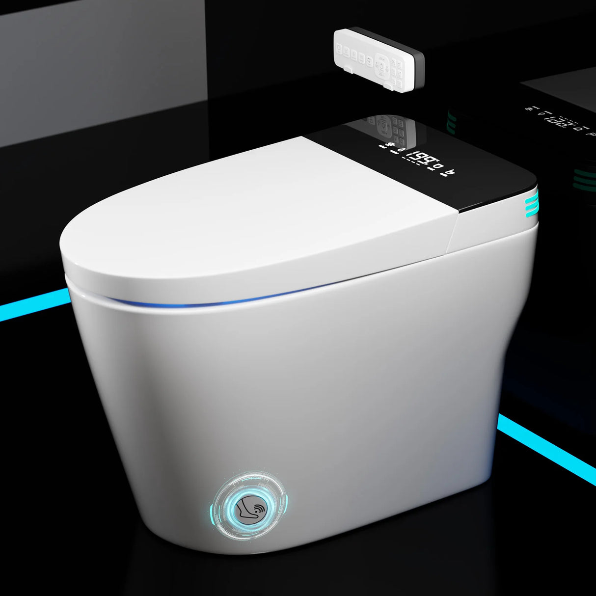 Smart toilet with built-in bidet, automatic lid, and heated seat in modern bathroom