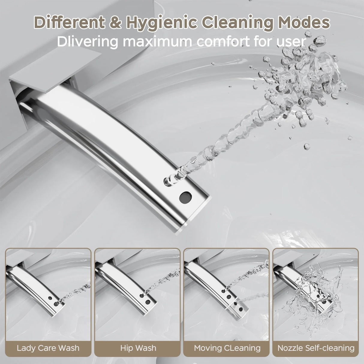 Smart toilet with built-in bidet, automatic lid, and heated seat in modern bathroom