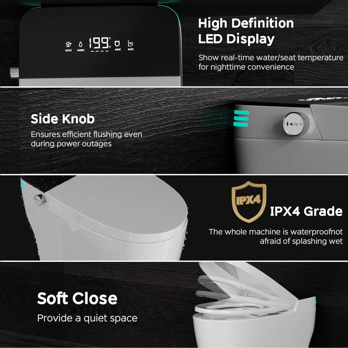 Smart toilet with built-in bidet, automatic lid, and heated seat in modern bathroom