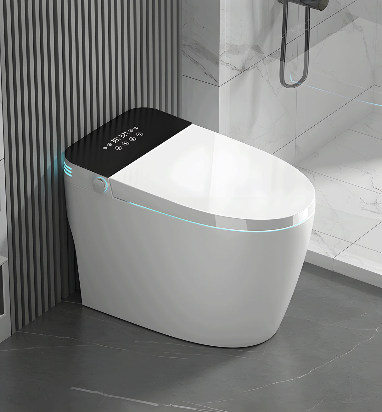 Smart toilet with built-in bidet, automatic lid, and heated seat in modern bathroom