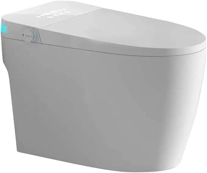 Smart toilet with built-in bidet, automatic lid, and heated seat in modern bathroom
