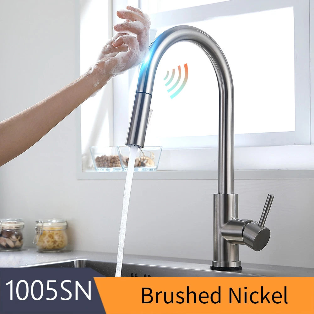 Smart touch sensor kitchen faucet with 360-degree rotation and single handle mixer