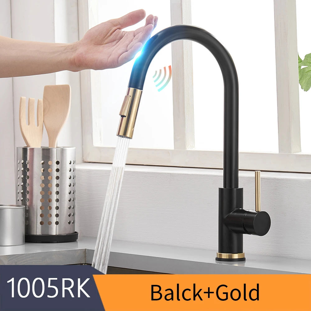 Smart touch sensor kitchen faucet with 360-degree rotation and single handle mixer