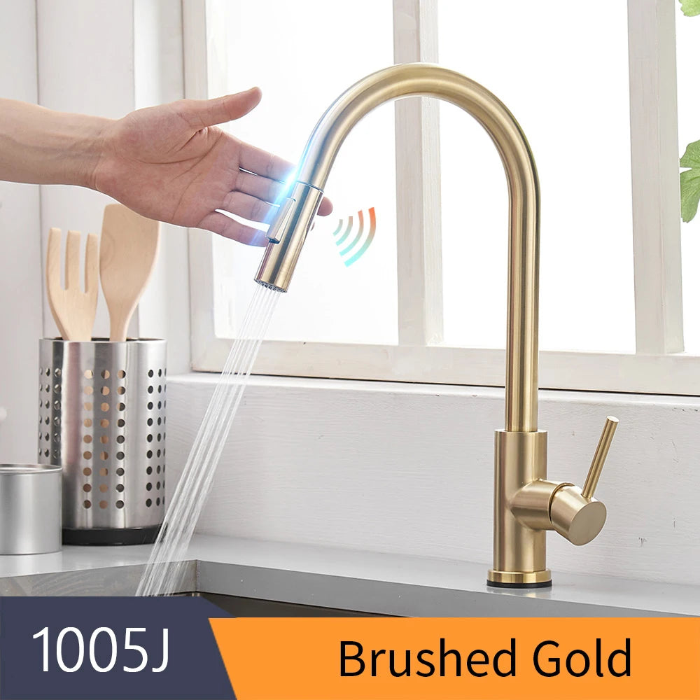 Smart touch sensor kitchen faucet with 360-degree rotation and single handle mixer
