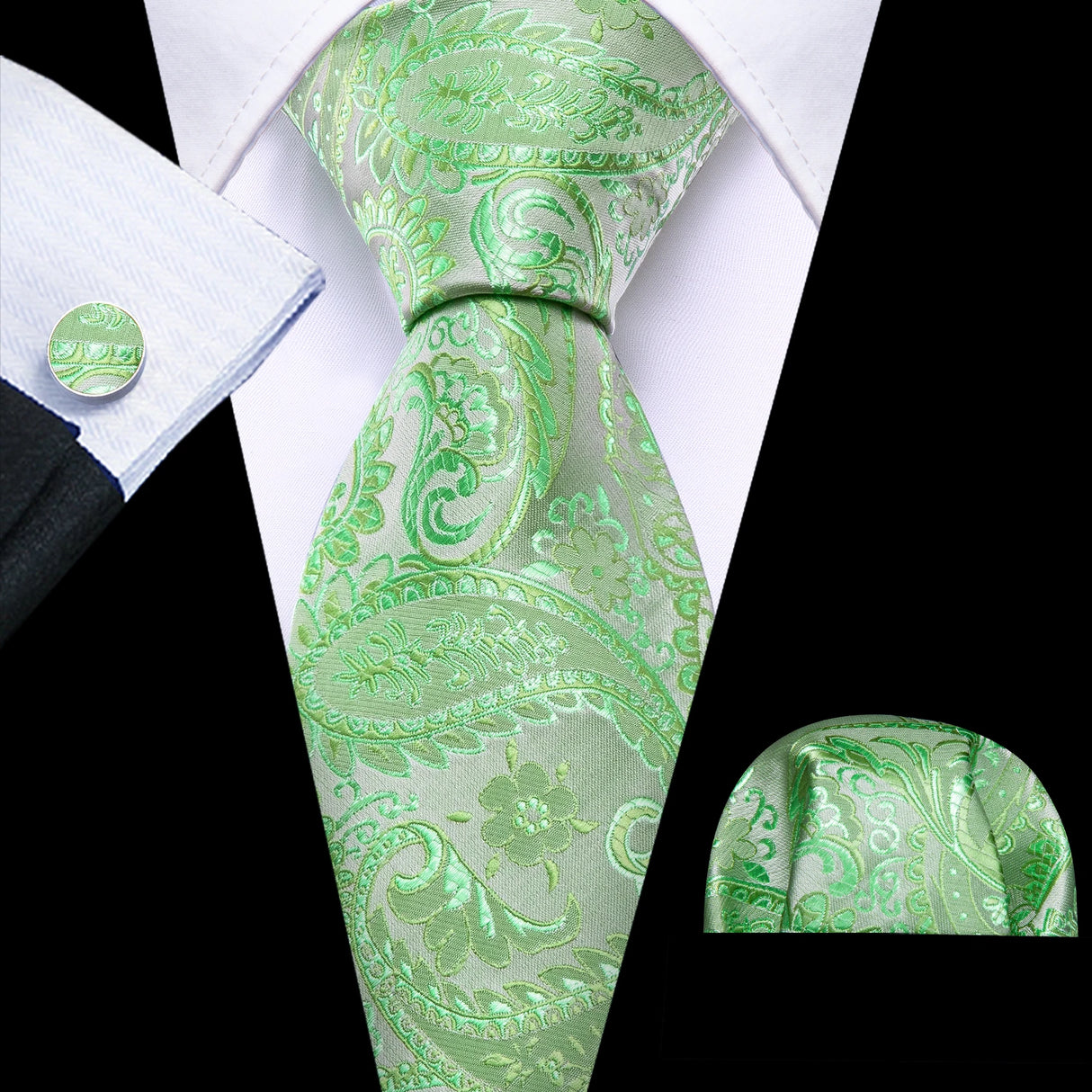 Green Solid Paisley Silk Tie