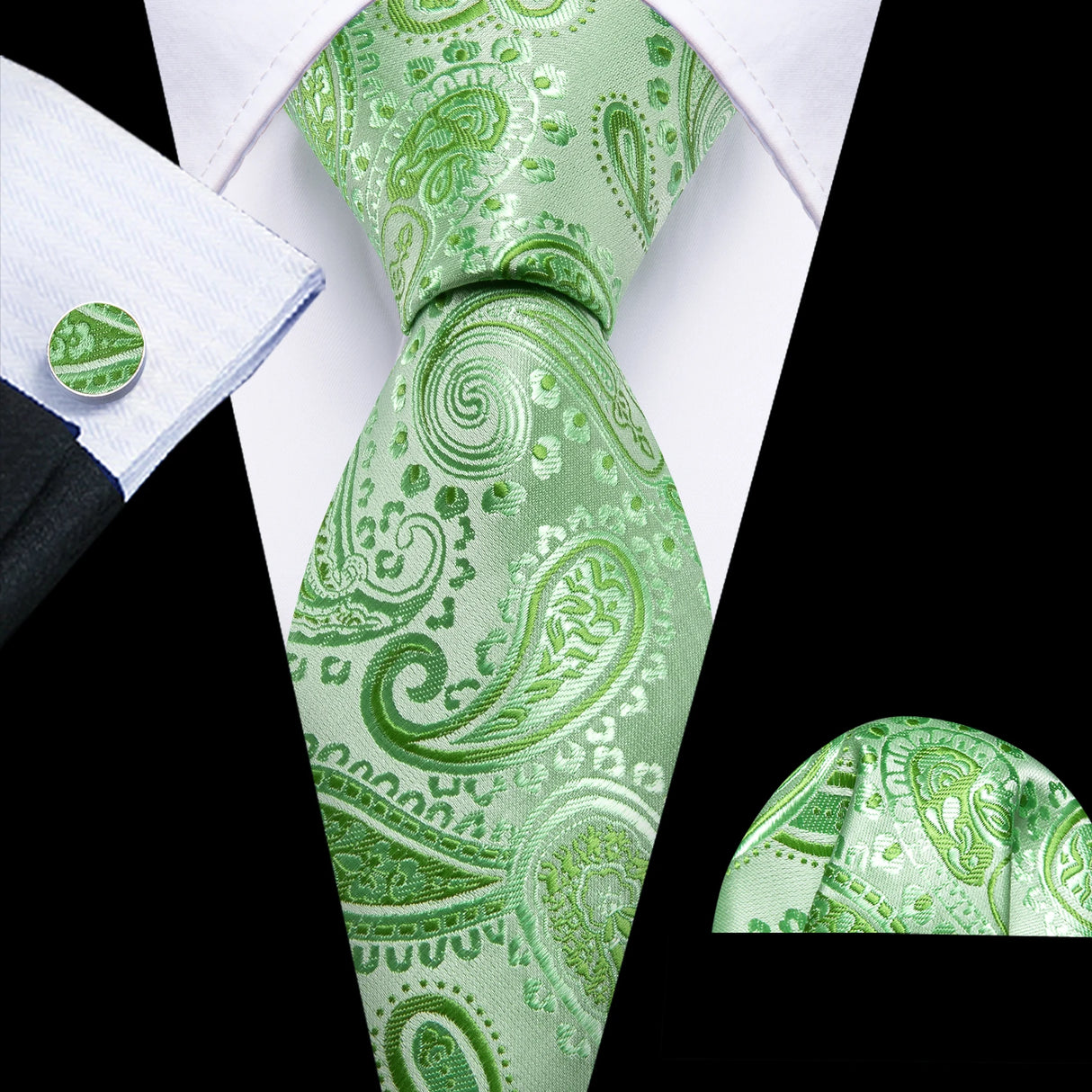 Green Solid Paisley Silk Tie