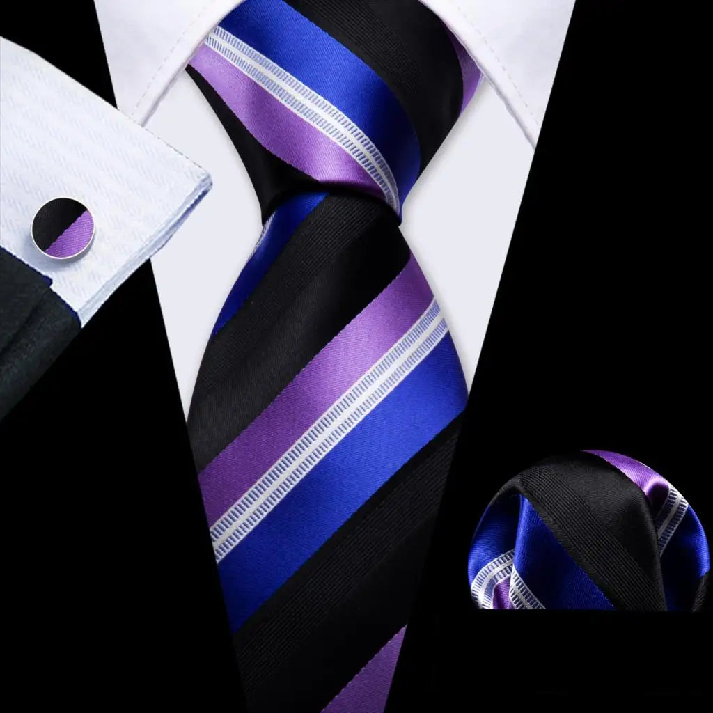 Solid Paisley Striped Silk Men Tie Set Purple Tie