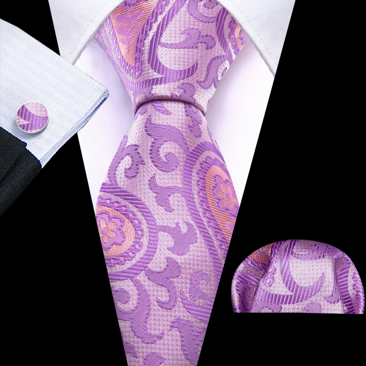 Solid Paisley Striped Silk Men Tie Set Purple Tie