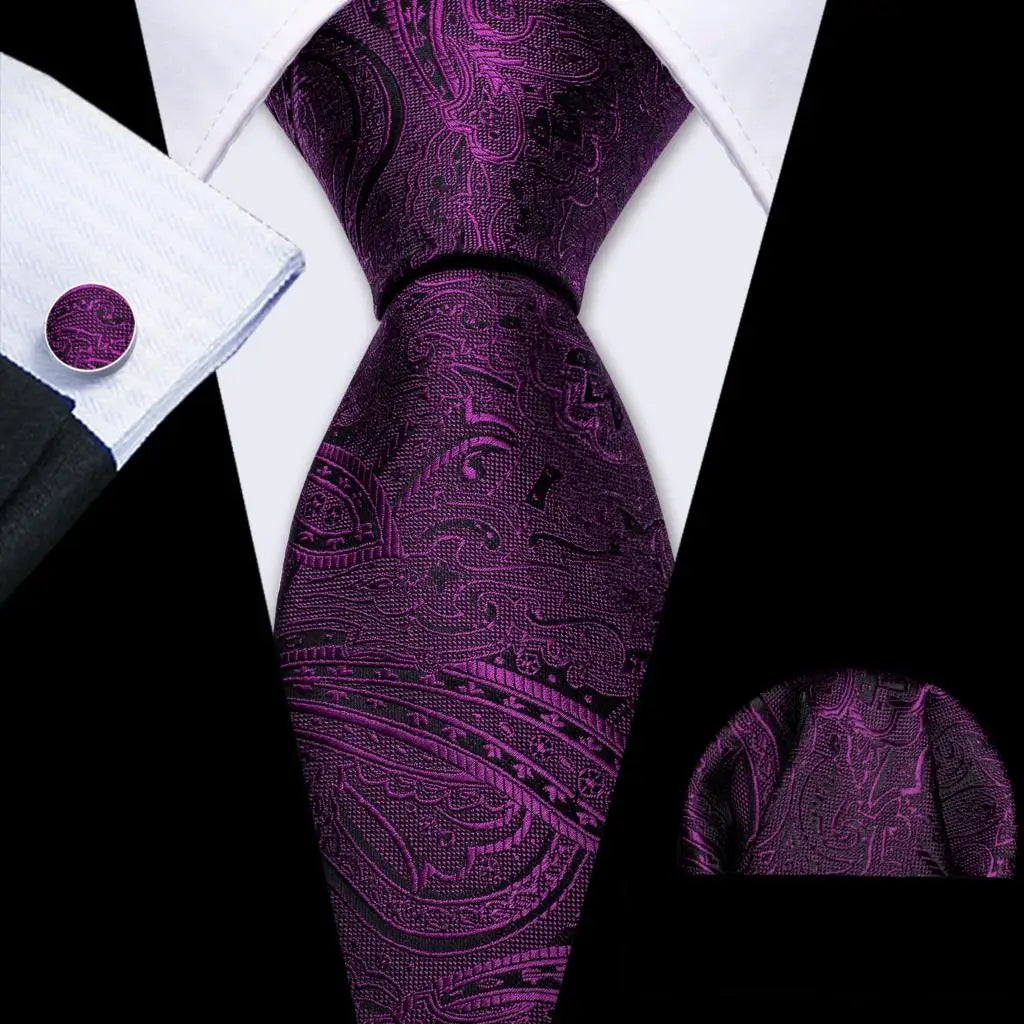 Solid Paisley Striped Silk Men Tie Set Purple Tie