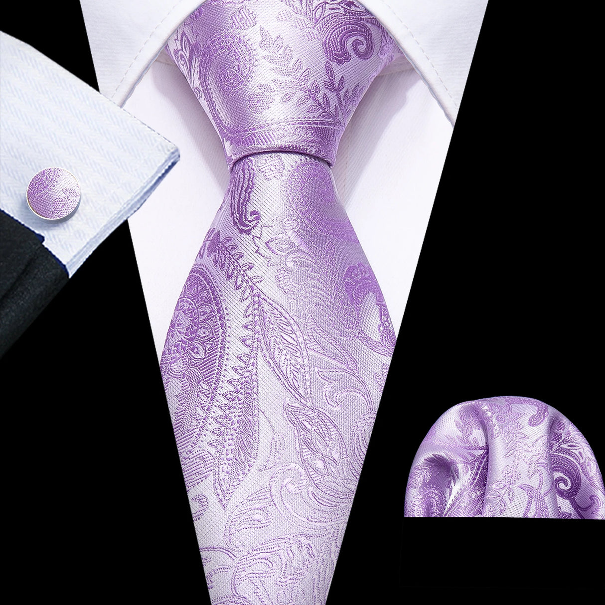 Solid Paisley Striped Silk Men Tie Set Purple Tie