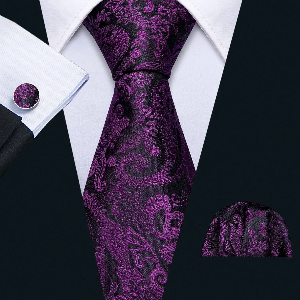 Solid Paisley Striped Silk Men Tie Set Purple Tie