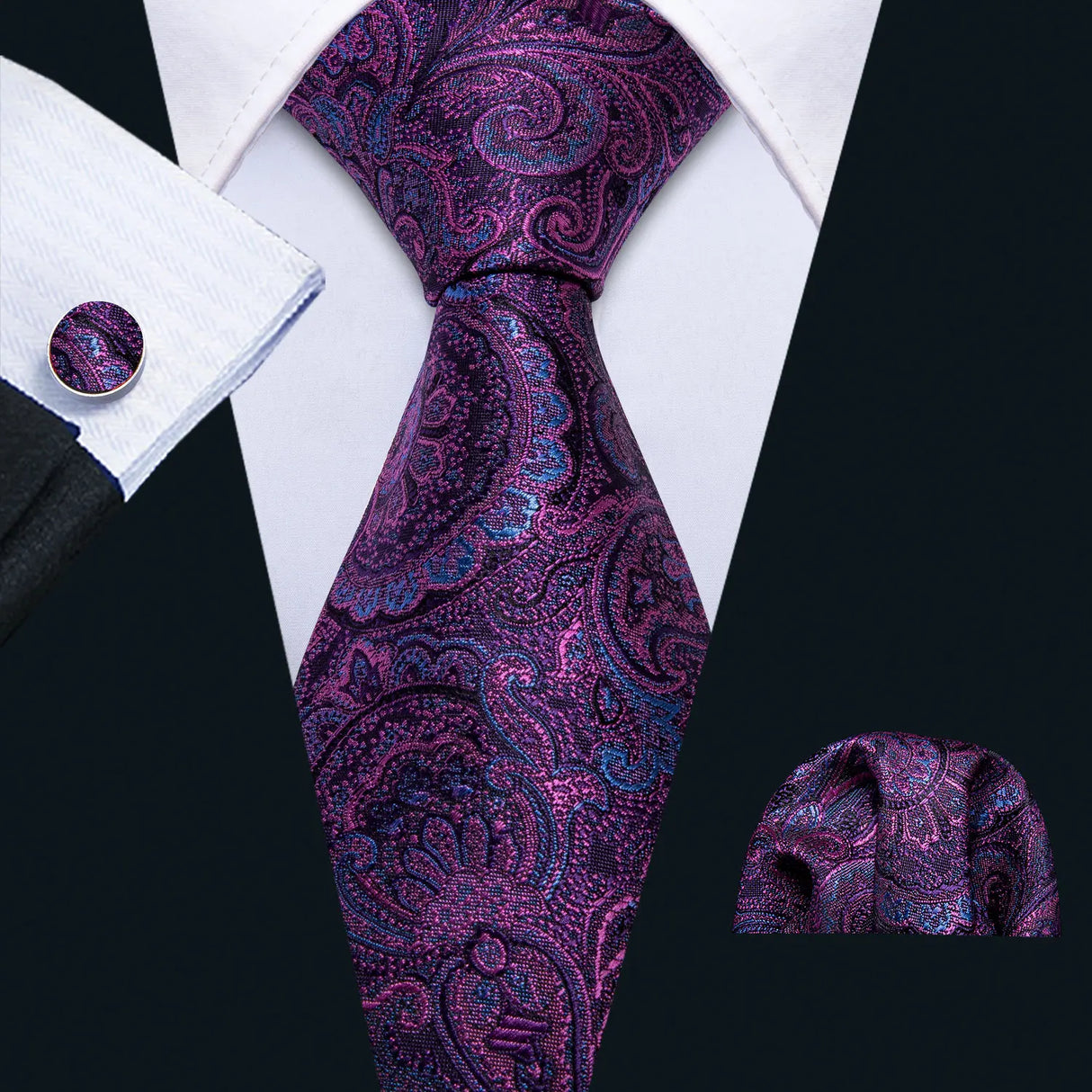 Solid Paisley Striped Silk Men Tie Set Purple Tie
