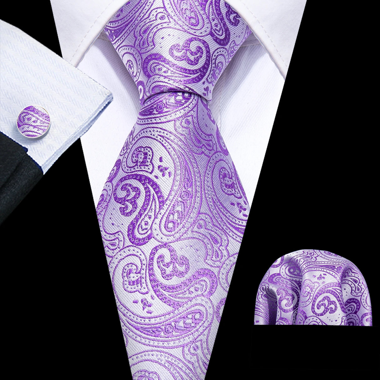 Solid Paisley Striped Silk Men Tie Set Purple Tie