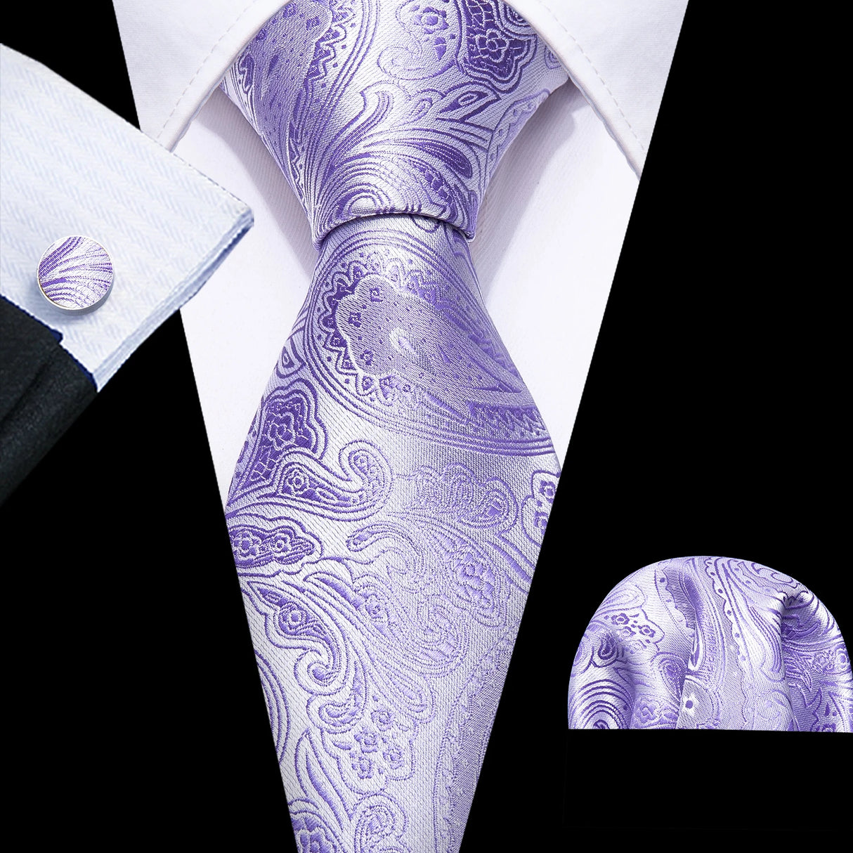 Solid Paisley Striped Silk Men Tie Set Purple Tie