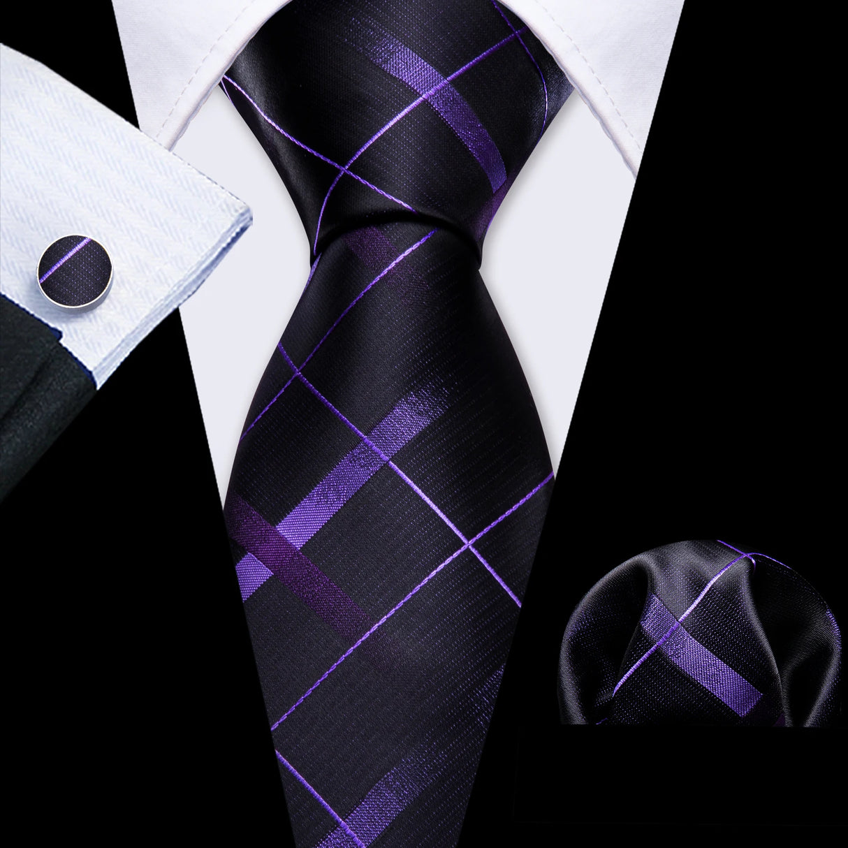 Solid Paisley Striped Silk Men Tie Set Purple Tie