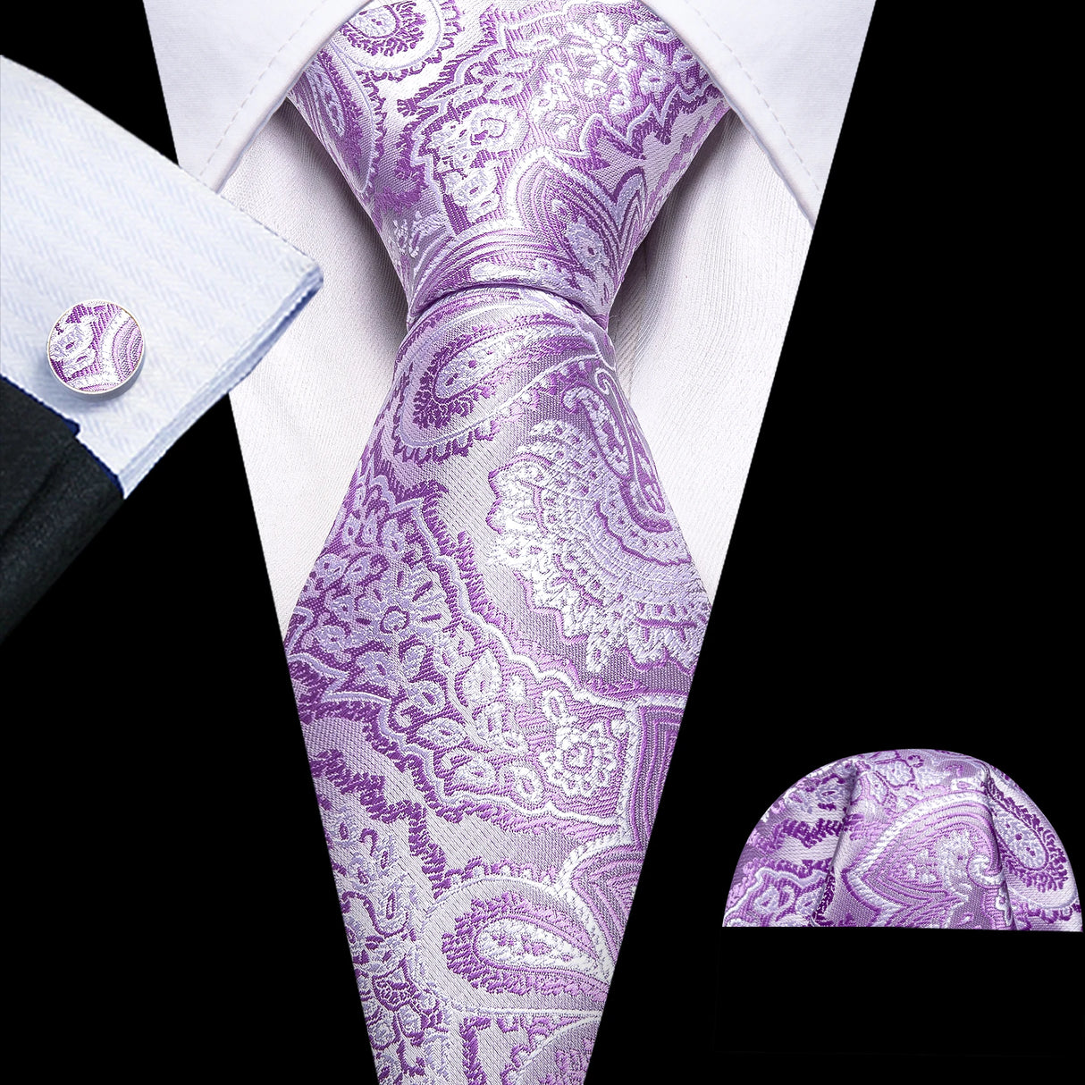 Solid Paisley Striped Silk Men Tie Set Purple Tie