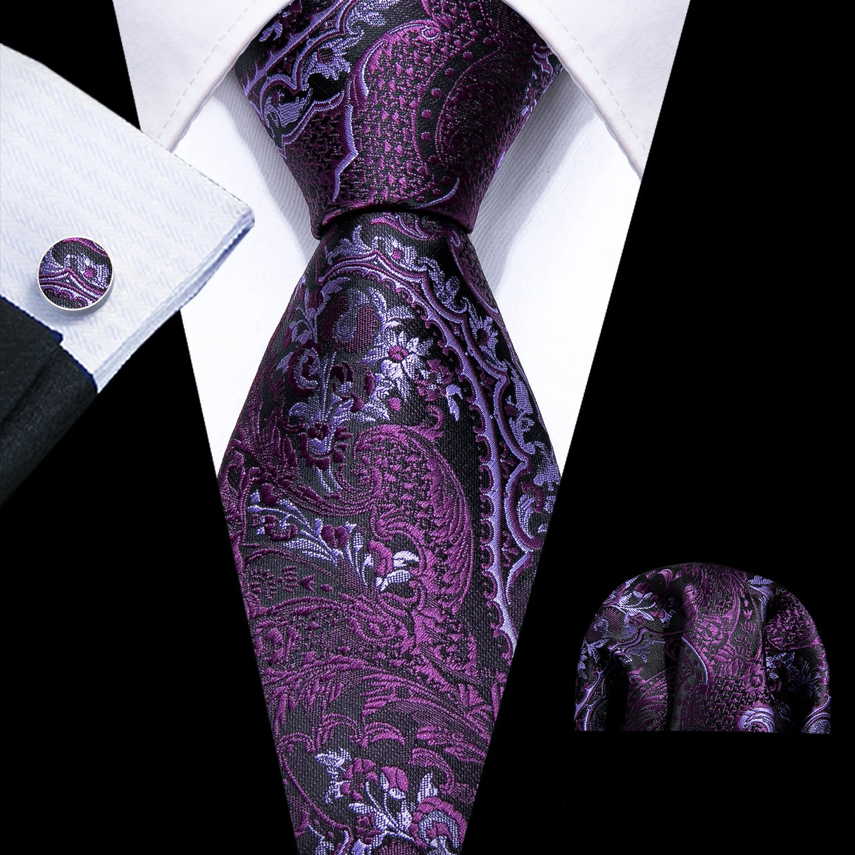 Solid Paisley Striped Silk Men Tie Set Purple Tie