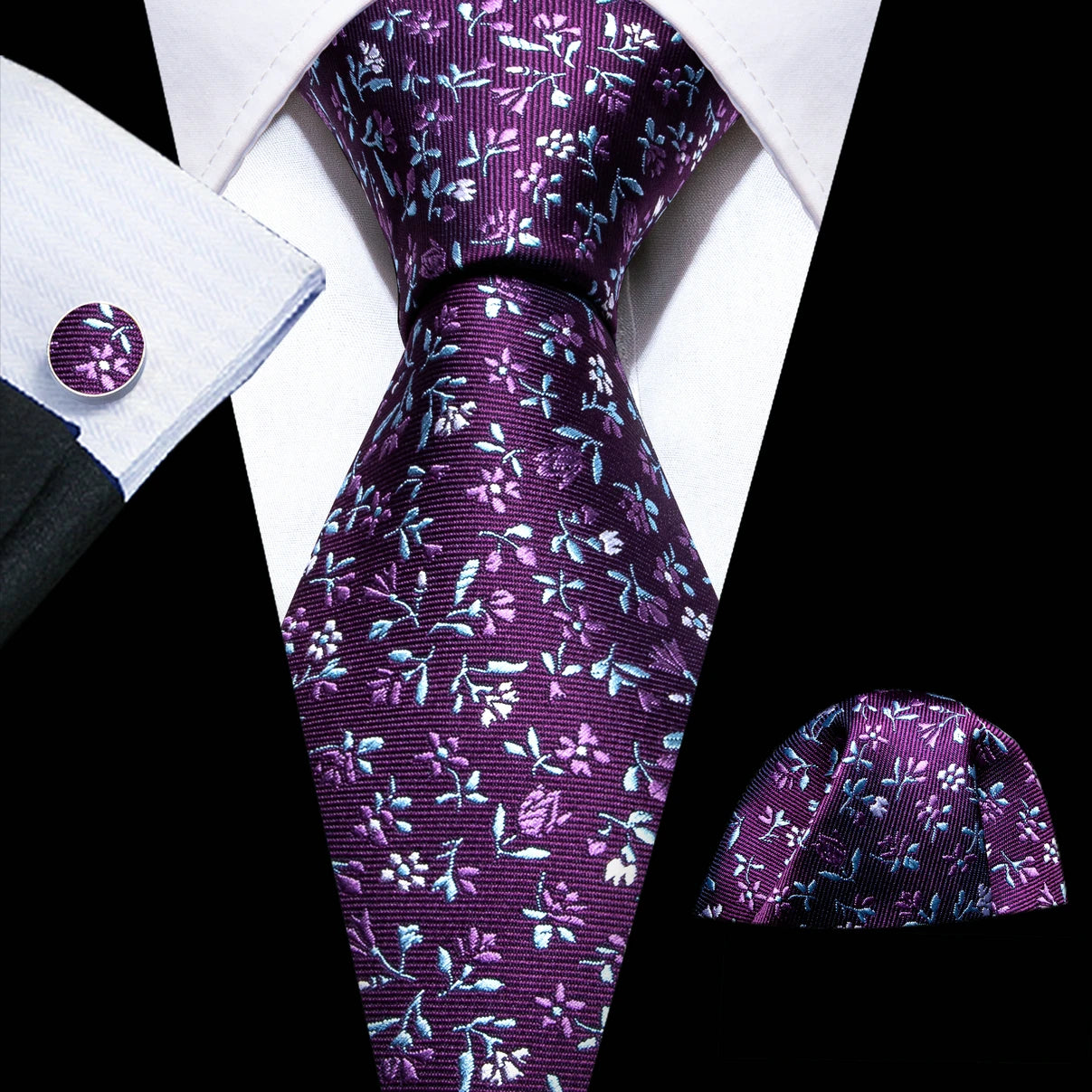 Solid Paisley Striped Silk Men Tie Set Purple Tie