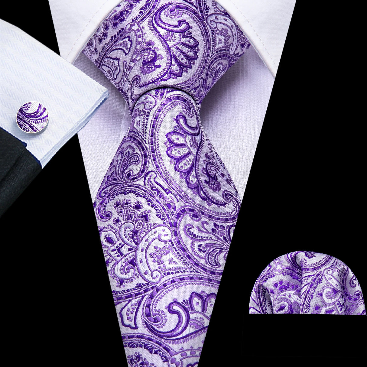 Solid Paisley Striped Silk Men Tie Set Purple Tie