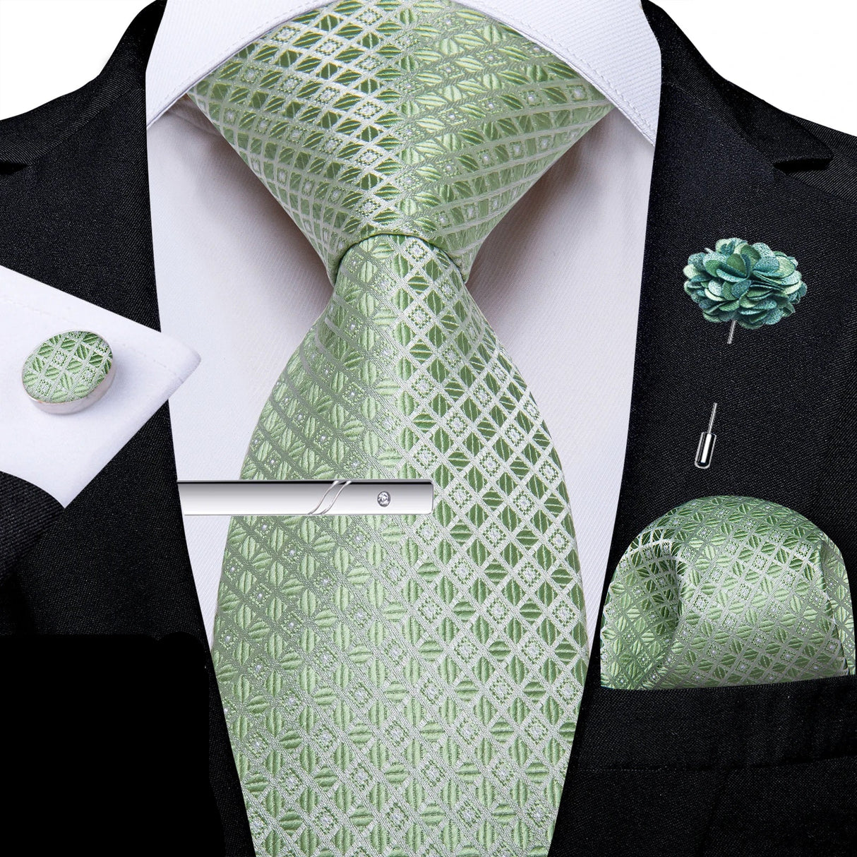 Green Solid Silk Green Pocket Square Cufflink Ties