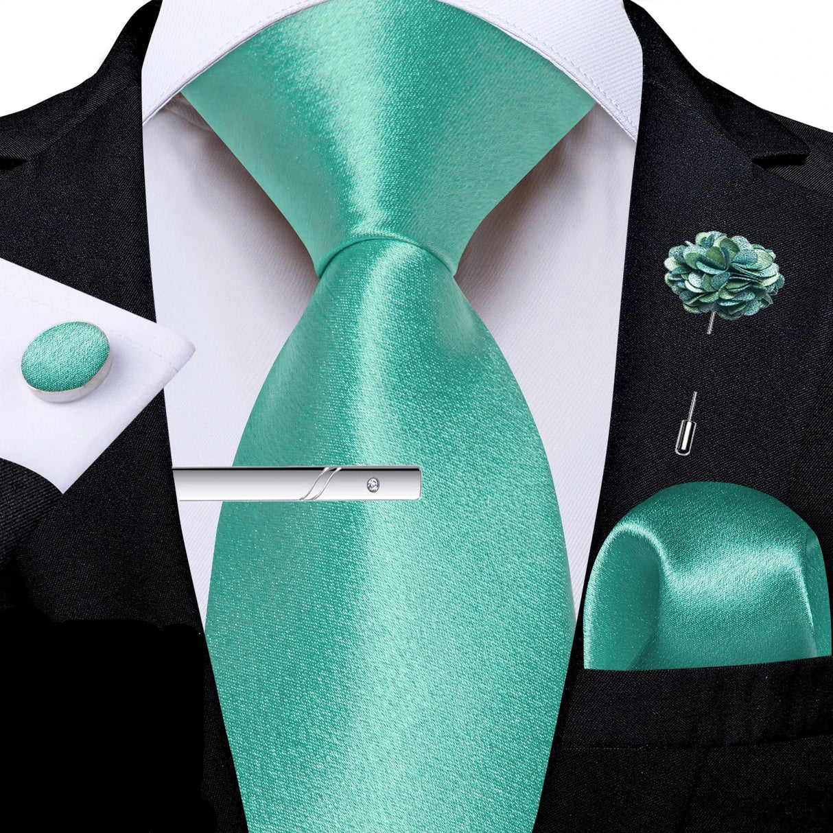 Solid Silk Green Pocket Square Cufflink Ties