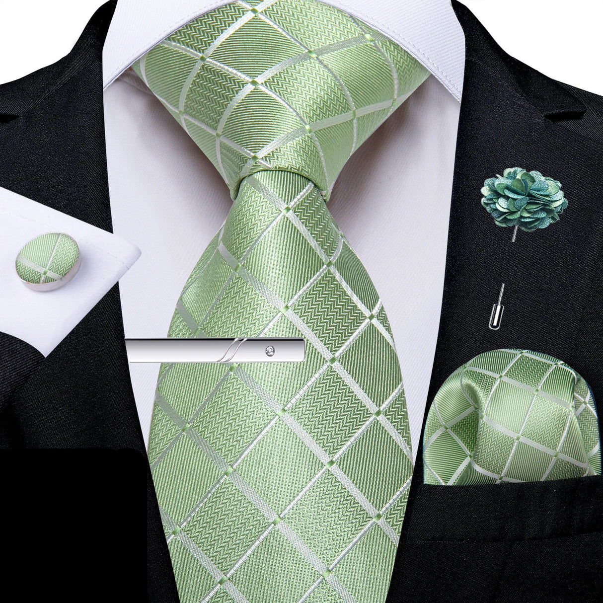Solid Silk Green Pocket Square Cufflink Ties