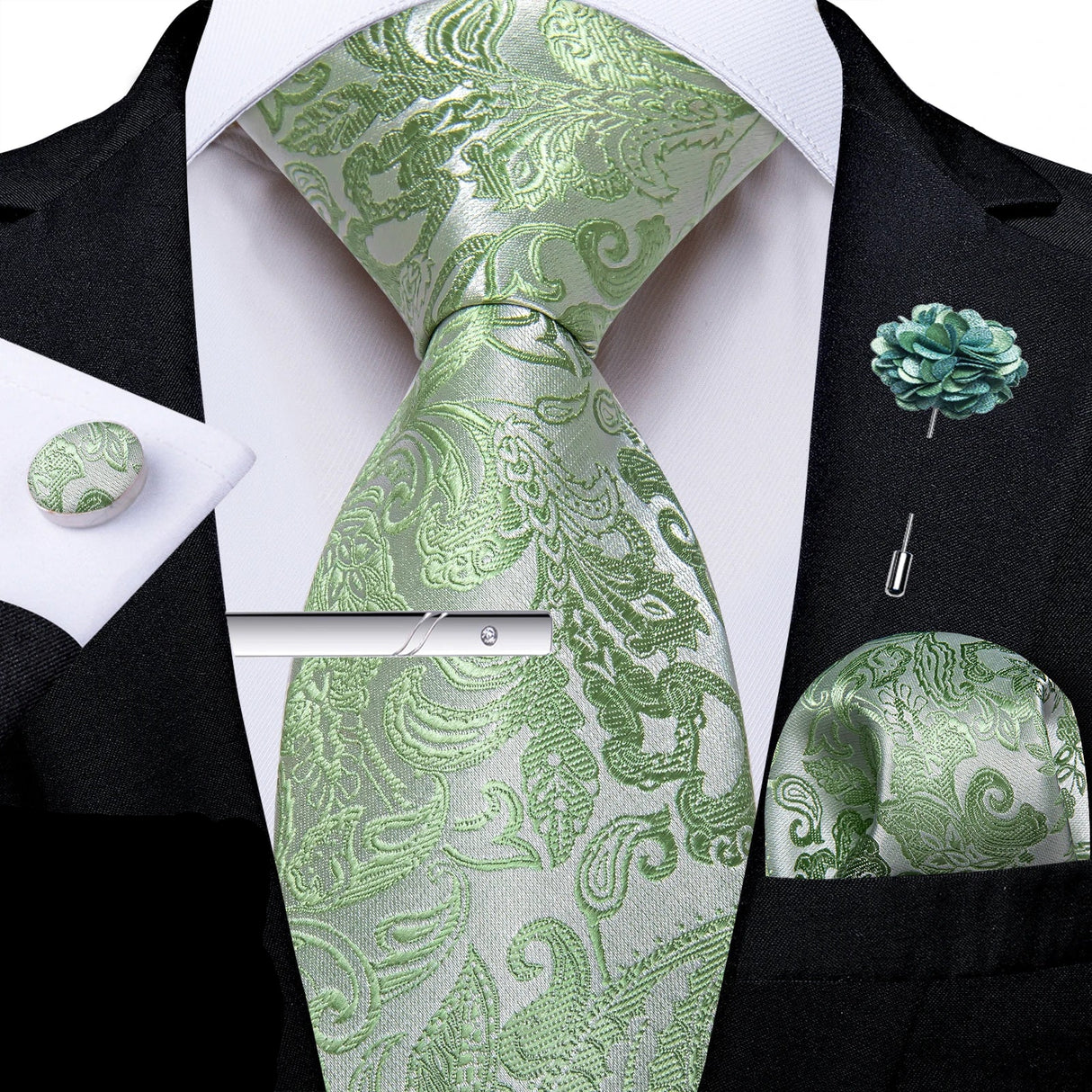 Solid Silk Green Pocket Square Cufflink Ties