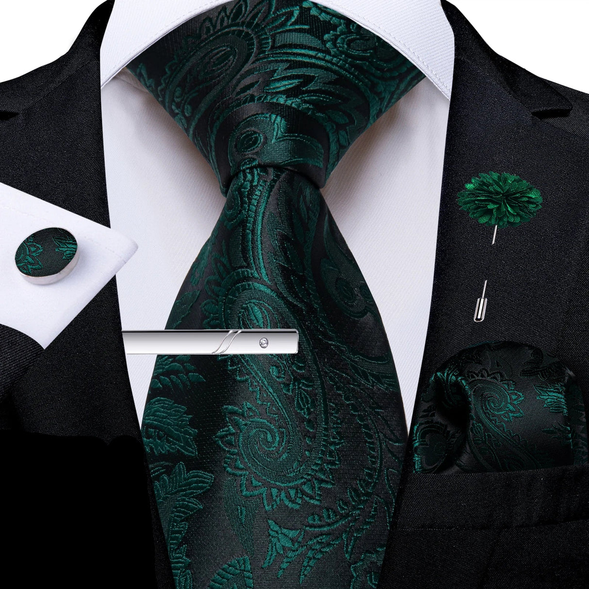 Green Solid Silk Green Pocket Square Cufflink Ties
