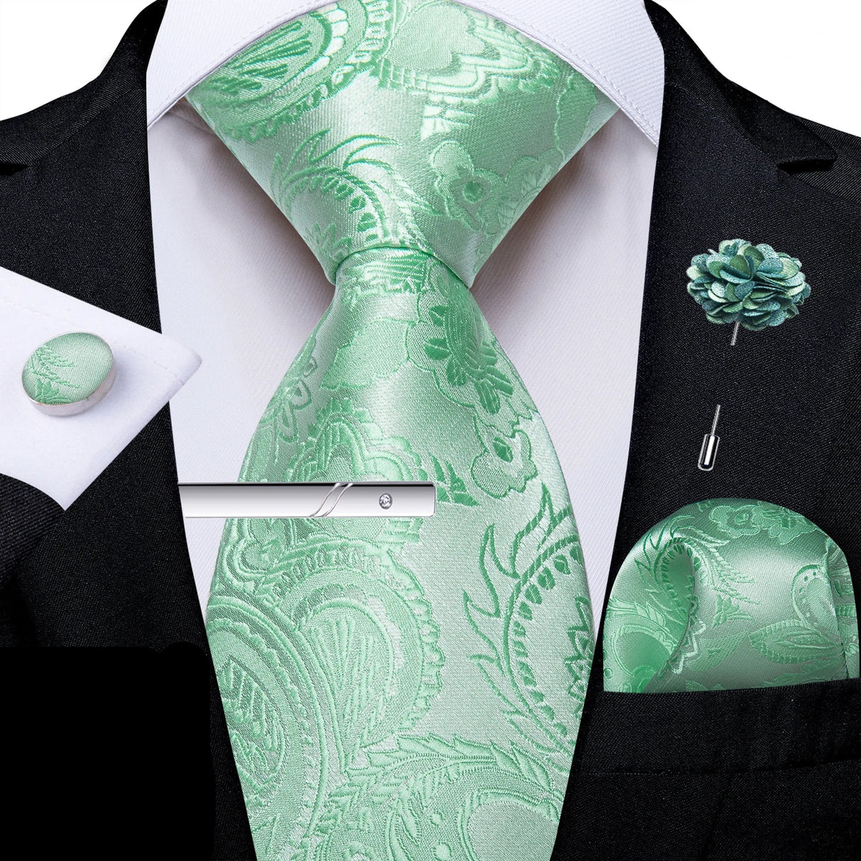 Solid Silk Green Pocket Square Cufflink Ties