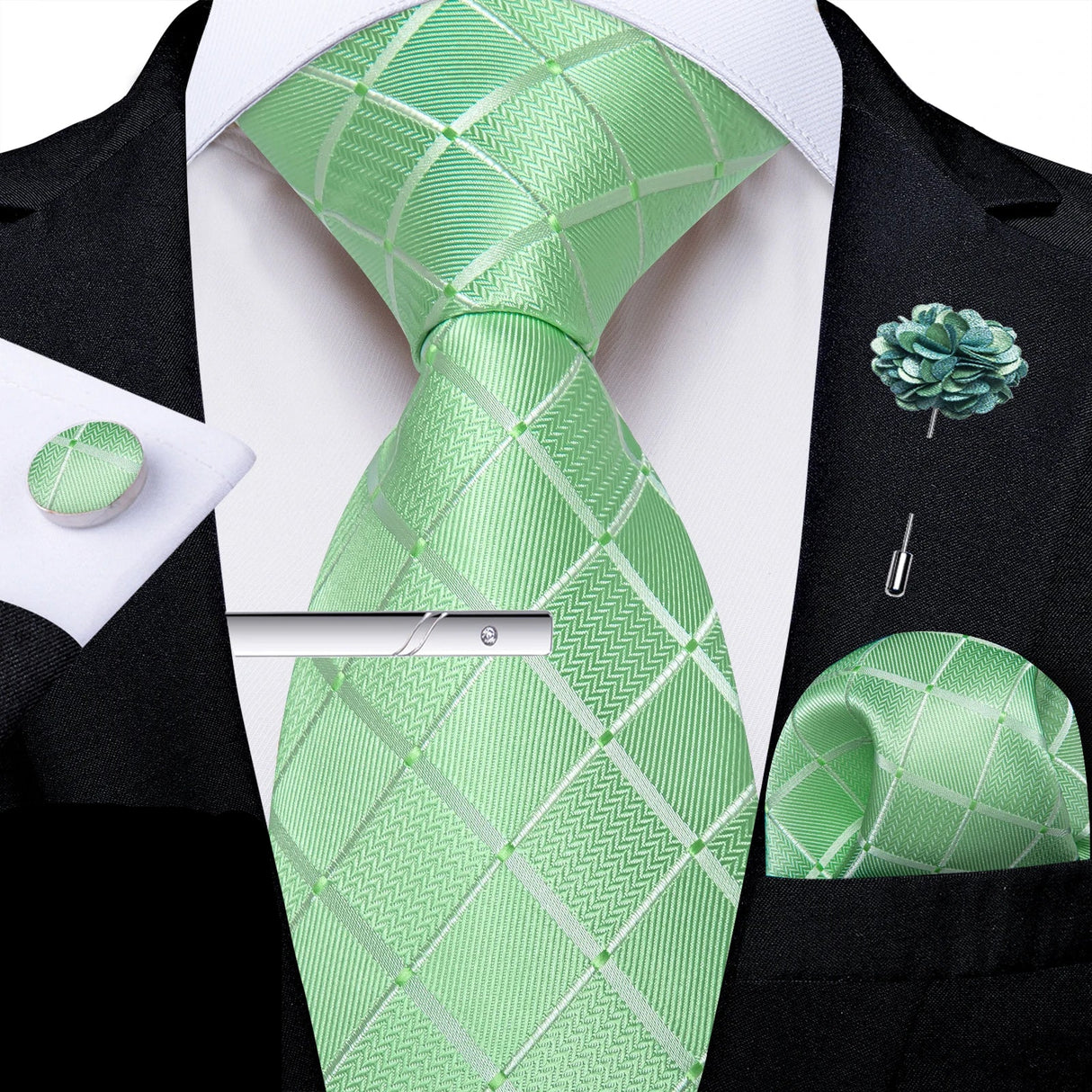Solid Silk Green Pocket Square Cufflink Ties