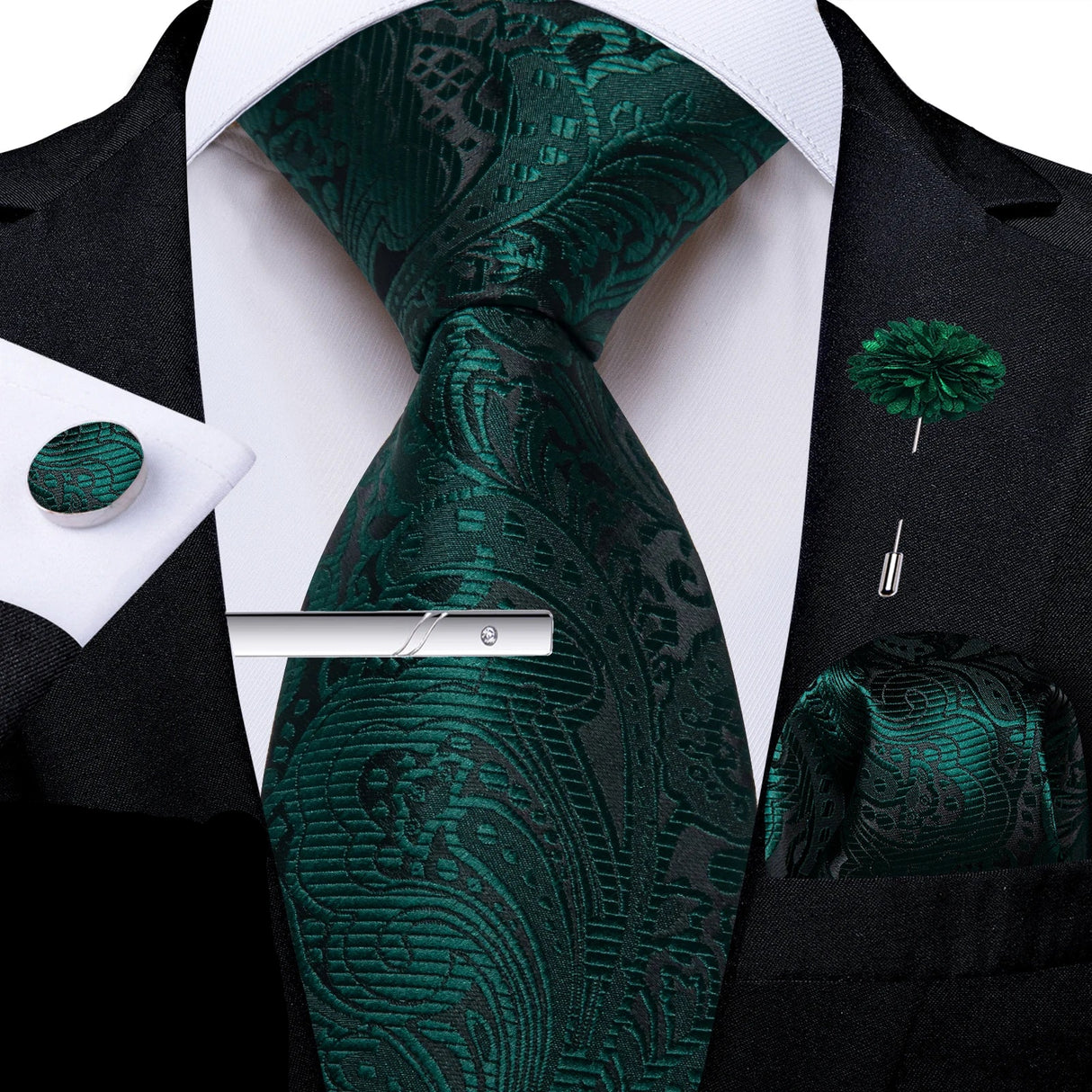 Green Solid Silk Green Pocket Square Cufflink Ties
