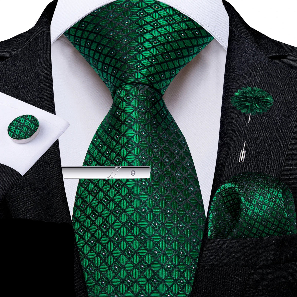 Solid Silk Green Pocket Square Cufflink Ties