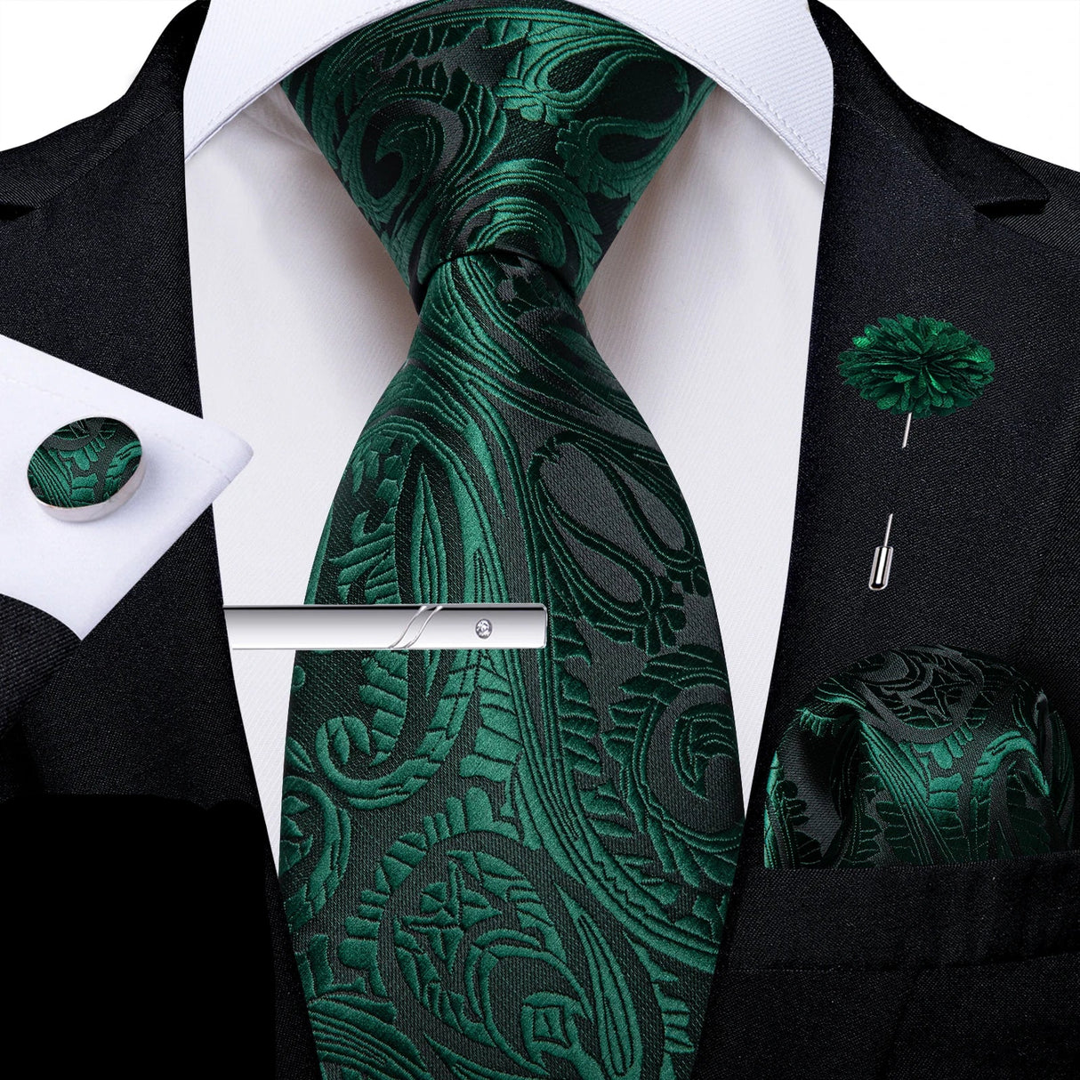 Solid Silk Green Pocket Square Cufflink Ties