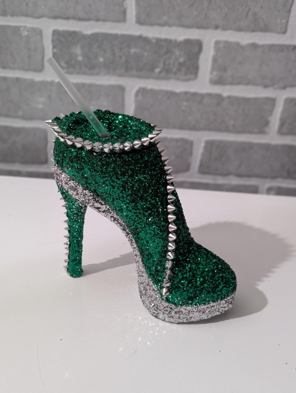 Sparkling Green & Silver Glitter Stiletto Heel Tumbler Cup