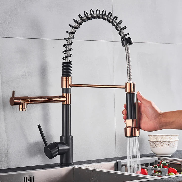Black and rose gold spring pull down kitchen faucet with dual spouts